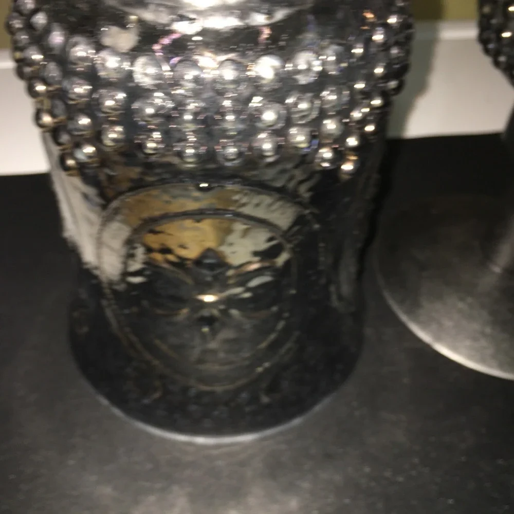 Vtg  Fleur De Lis Metal and Smokey Blue Iridescent Glass GothicCandle Holders